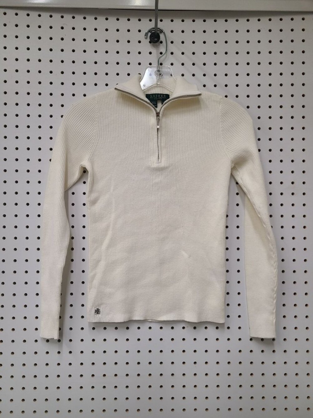 Lauren Ralph Lauren Petite Ivory Ribbed Cotton 1/4-Zip Sweater P/P